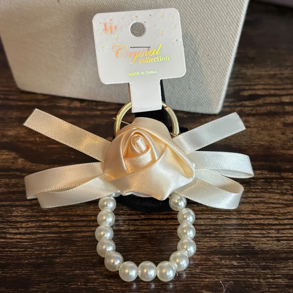 Crystal Collection Ivory Satin Rose Faux Pearl Bow Keychain Gold Tone Clasp